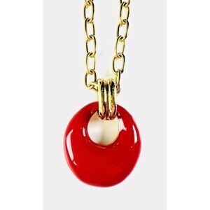 Vintage Crown Trifari Y2K Red Enamel Gold Tone Donut Pendant Necklace Gold NOS